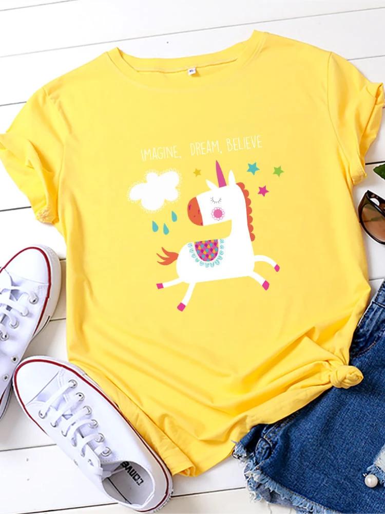 Imagine Dream Believe Horse Print Women T Shirt Short Sleeve O Neck Loose Women Tshirt Ladies Tee Shirt Tops Camisetas Mujer