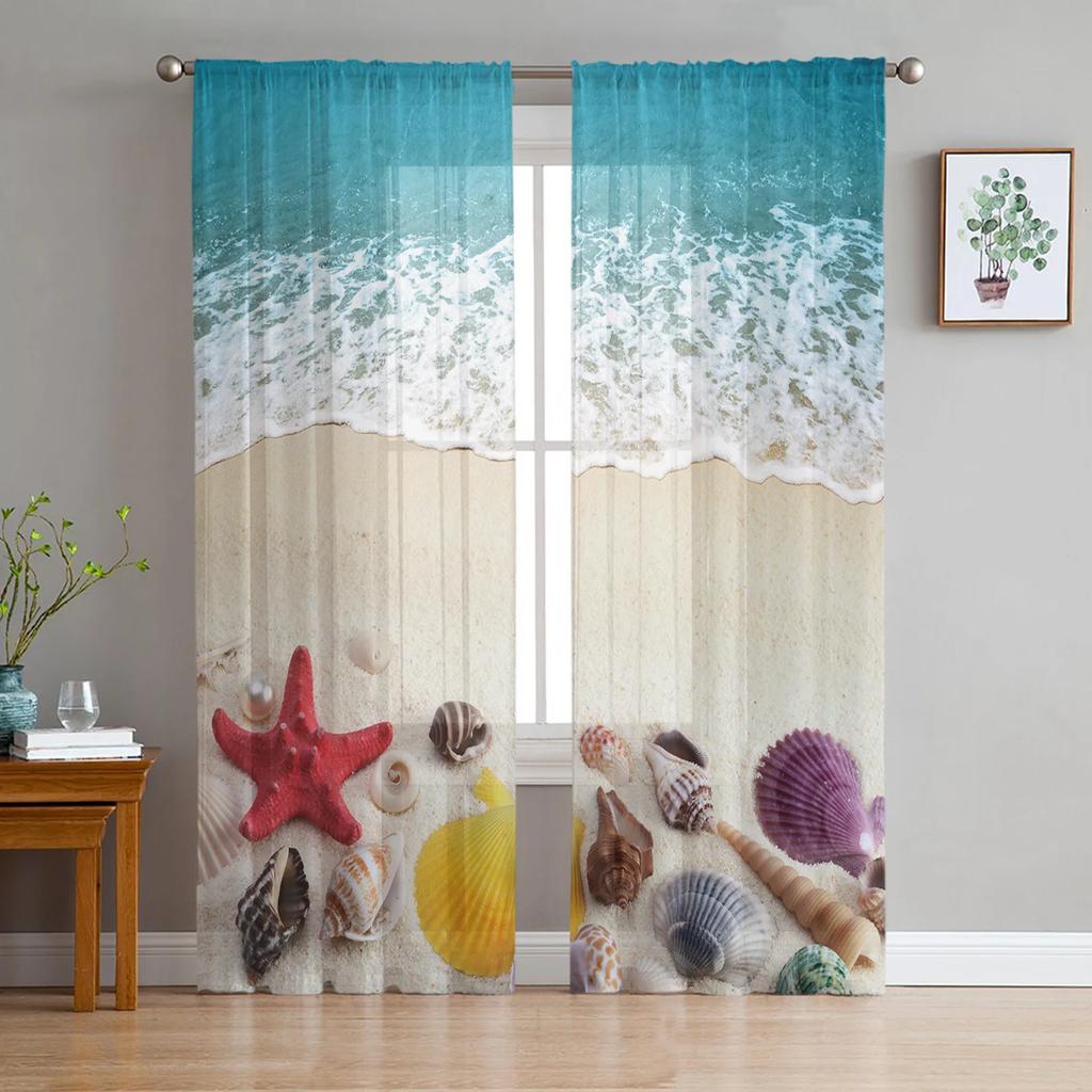 Beach Seashell Starfish Conch Curtain Living Room Bedroom Voile Drape Kitchen Window Tulle Curtains Home Essentials Sheer Polyester Great Decor