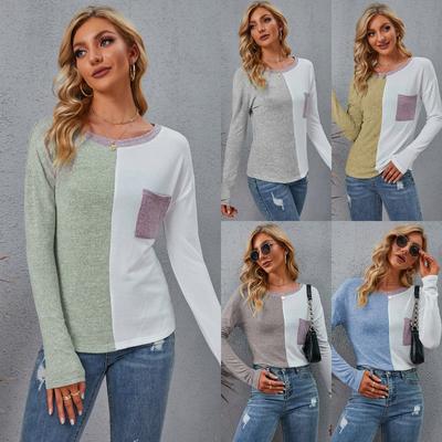 Autumn Winter Long Sleeved Patchwork Round Neck Casual T-shirt Loose Women's Top T-Shirts