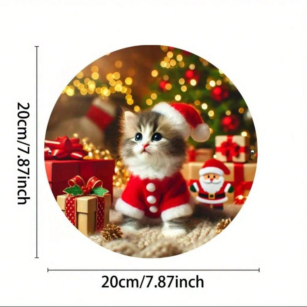 Christmas Kitten Santa Hat Metal Tin Sign 8x8 Inch Round Wall Decor For Home Cafe Restaurant Bar Holiday Gift