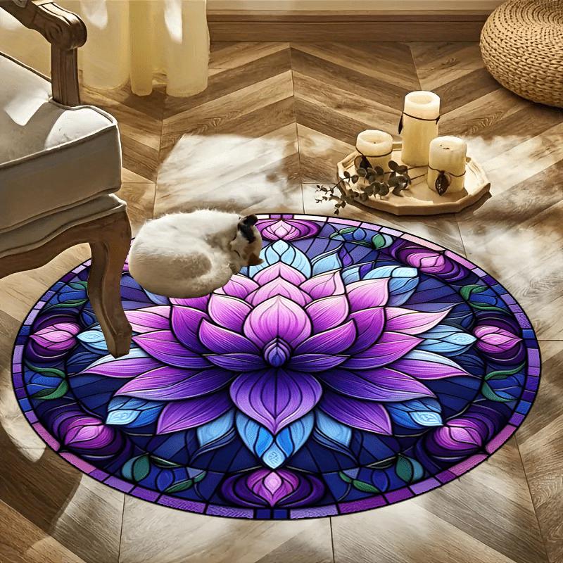 

Lotus Flower Round Rug Non-Slip Machine Washable Floor Mat 2D Flat Vibrant Purple & Blue Area Rug for Living Room Bedroom Patio Decor 60X60cm