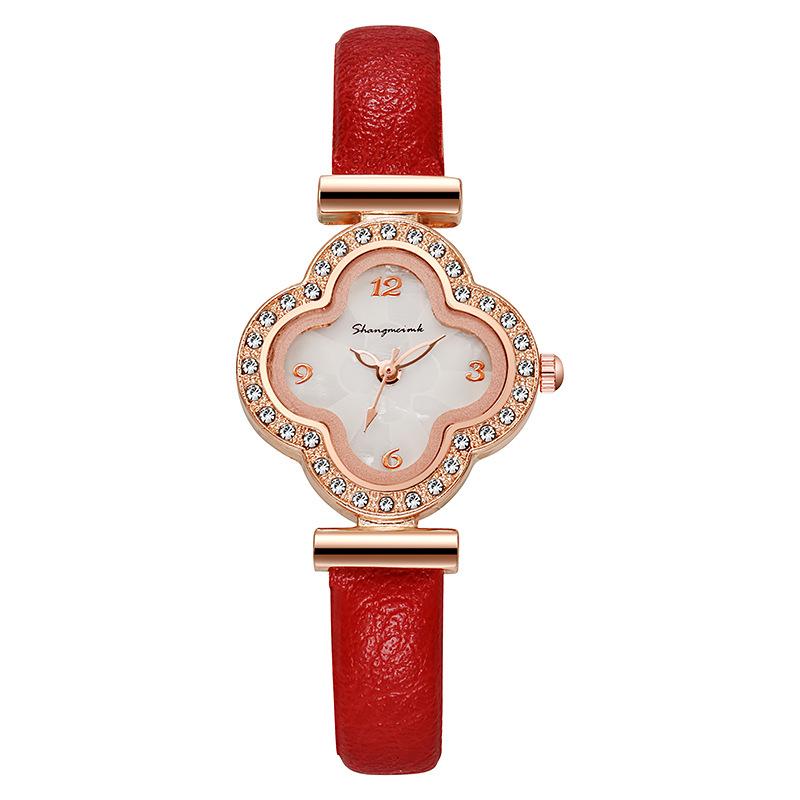 

Роскошные женские кварцевые часы Shangmei Четырехлистный клевер красный
