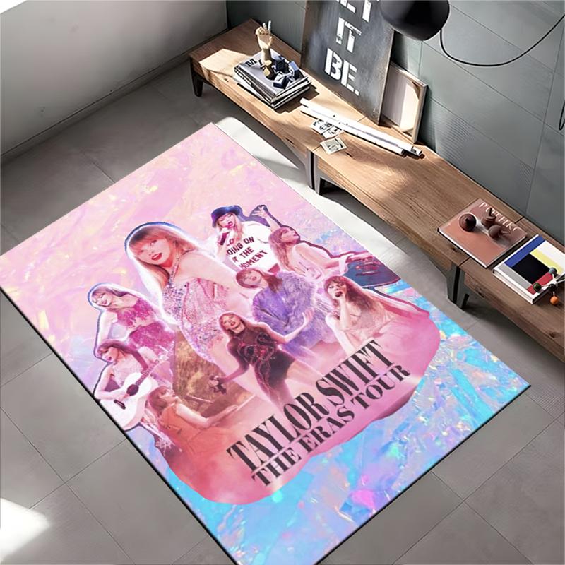 Pop Music Area Rug, Taylor Swift Eras Tour Pink Holographic Collage Print, Music Fan Room Decor, Non-Slip Mat