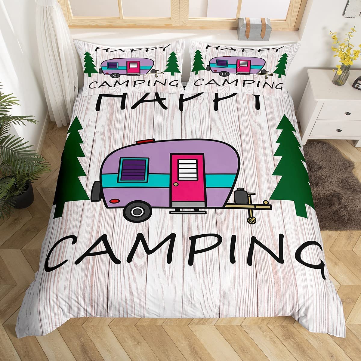 

Comforter Happy Camping Rustic Farmhouse Camper Rv Bedding Set King Starry Night Comforter Adventure Theme Comforter (quilt)-EU Single(135*200cm)3pcs