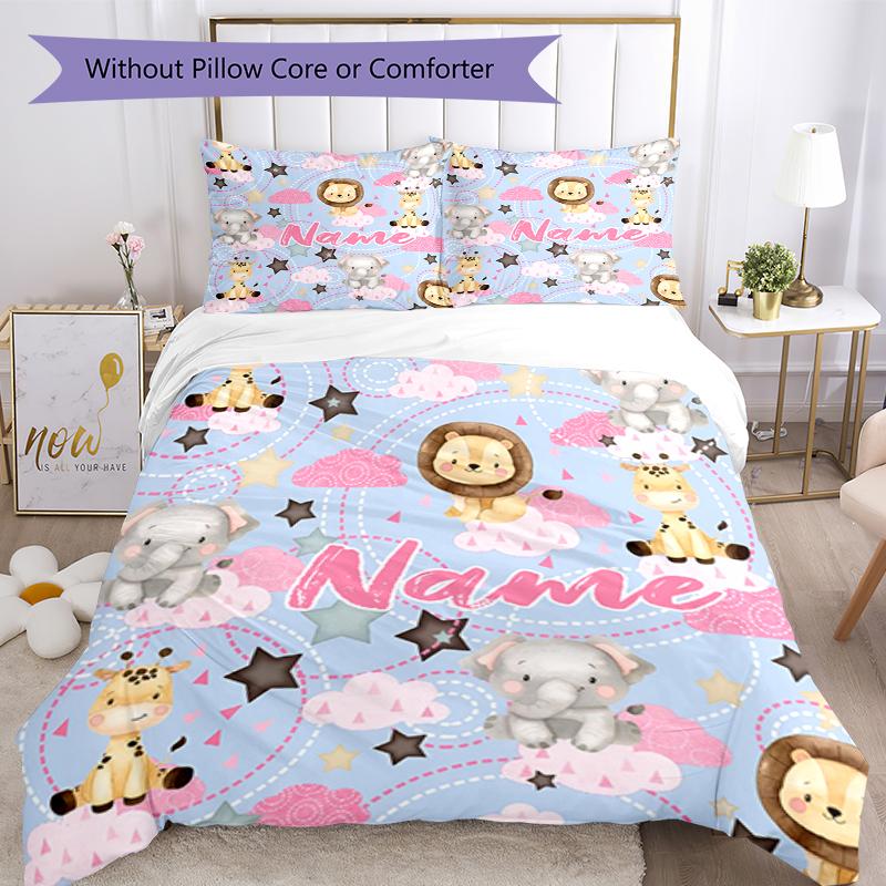 3pcs Custom Name Animals Bedding Set Duvet Cover Closure Includes 1 Duvet Cover & 2 Pillowcases, Soft and Comfortable for All Seasons.