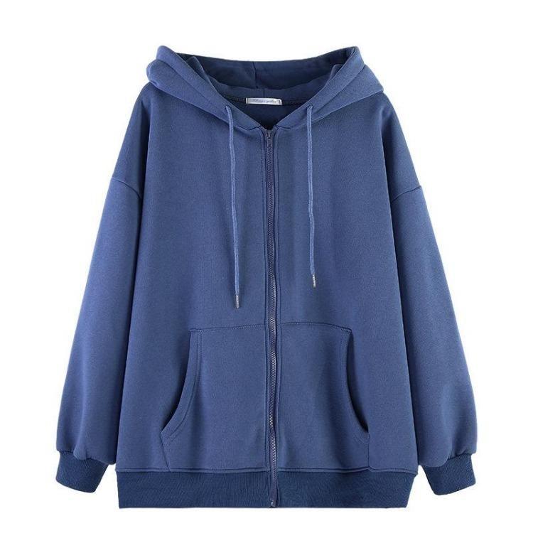 

Velvet Hooded Sweatshirt Women Loose Cardigan Thickened Jacket Zipper Top Solid Color S синий