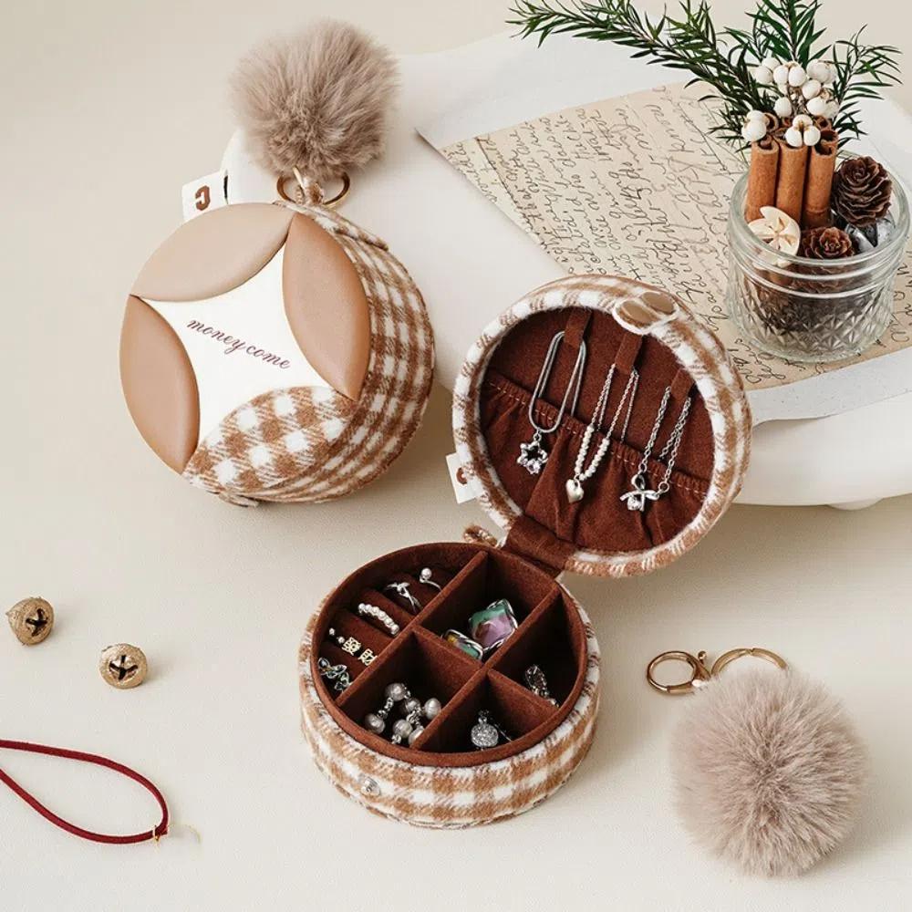 

PU Leather Earrings Necklace Organizer Plaid Rings Bearer Box Travel Storage Bag