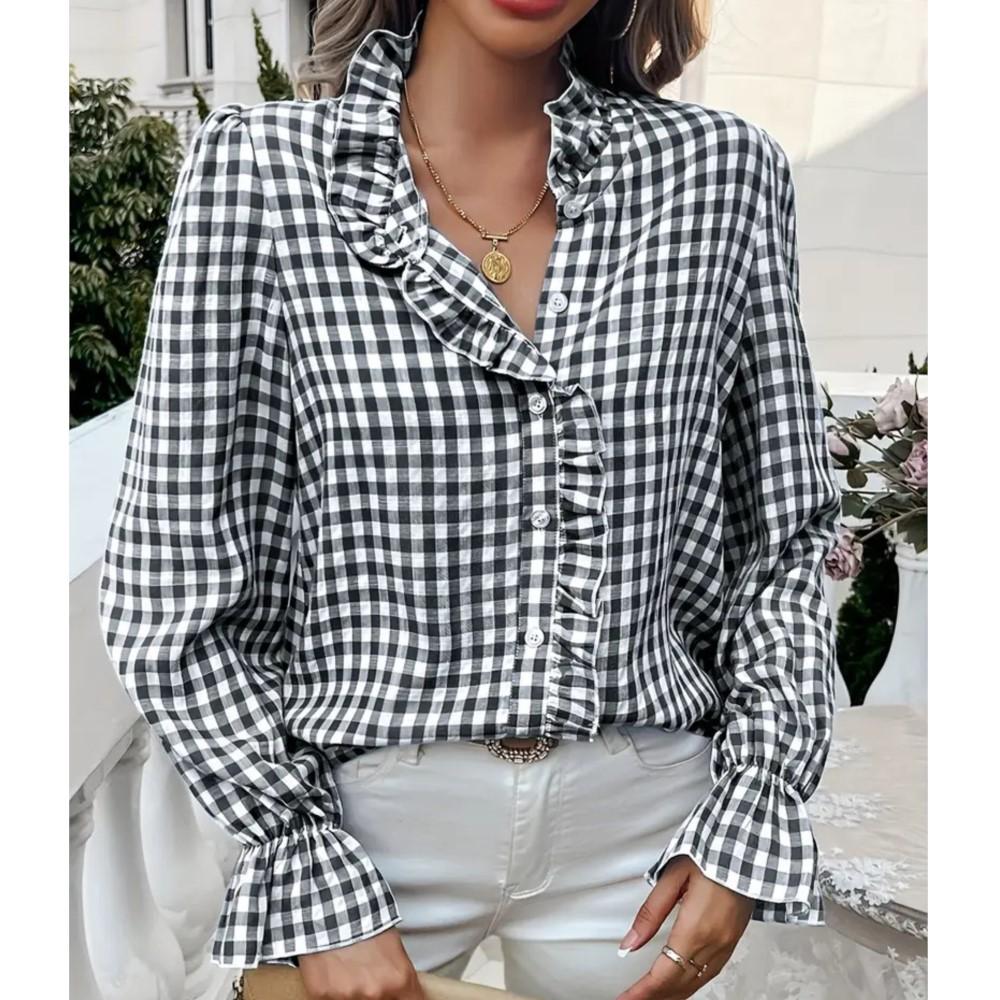 Fungus Edge Stand Collar Plaid Long-sleeved Shirt Women Spring Summer Casual Loose Single-breasted Female Versatile Shirt Tops