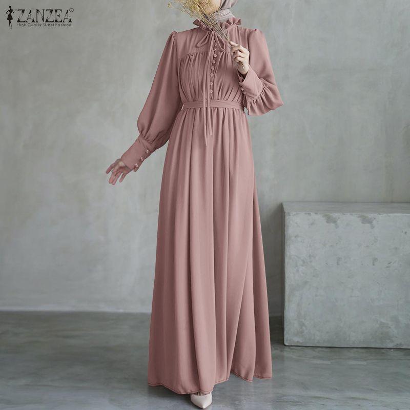 ZANZEA Women Casual Round Neck Long Sleeve Loose Long Dress