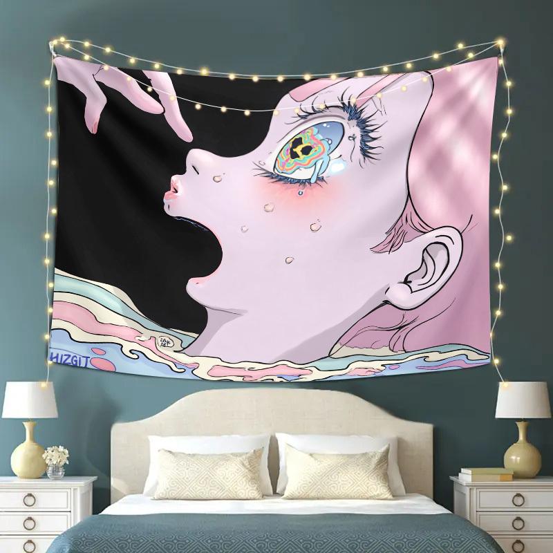 Abstract Anime Face Tapestry  Dreamy Psychedelic Design Kawaii Art Wall Hanging for Bedroom or Dorm Decor