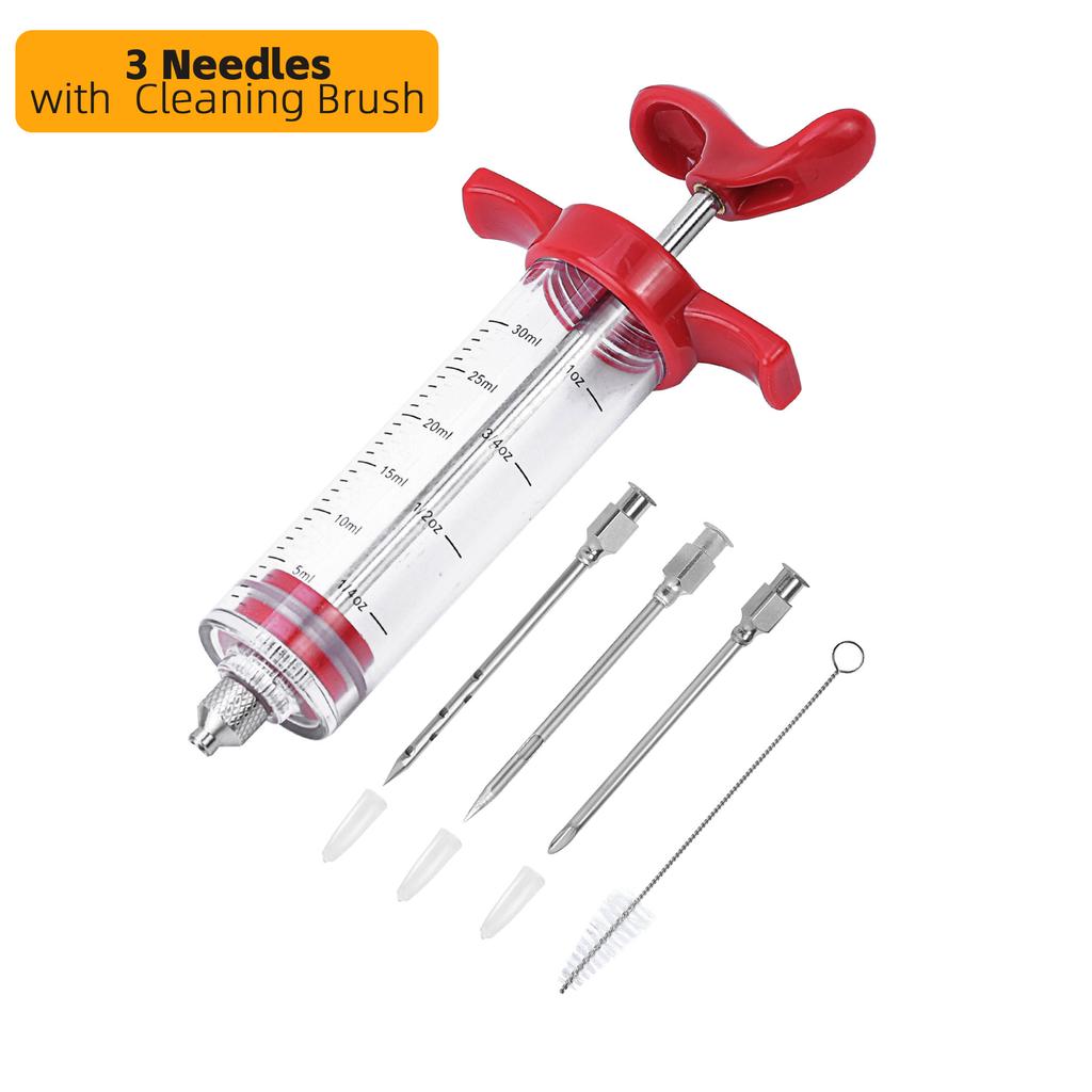 Köttinjektorspruta - 3 Marinadinjektornålar, 1 oz Köttinjektorspruta med Rengöringsborste, Lätt att Använda & Rengöra