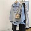 Gray V-neck Korean Style Knit Vest: Women's Sleeveless Sweater for Spring, Autumn, and Winter Layering.