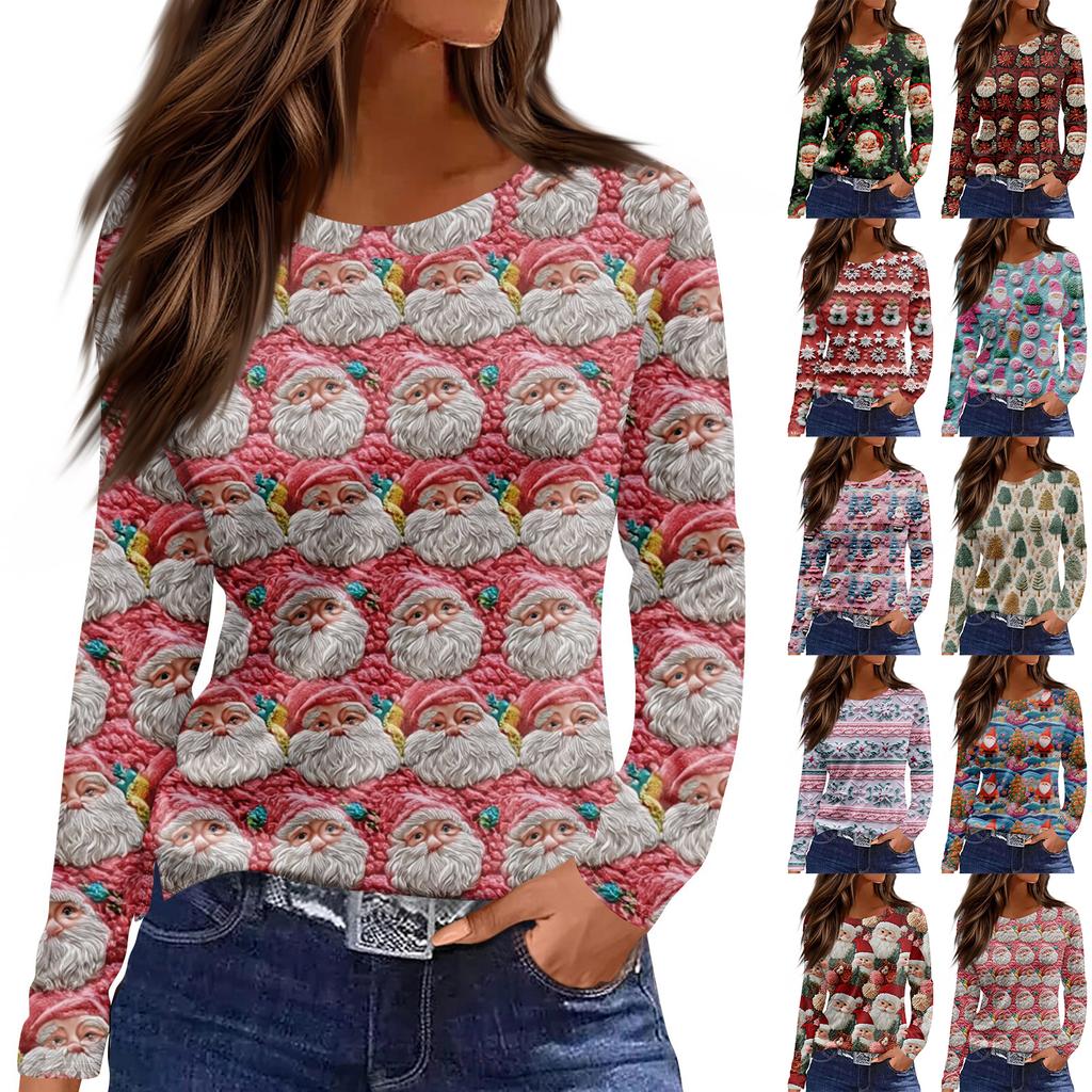 Women's Fashion Casual Slit Hem Round Neck Long Sleeve Loose  Printed T-Shirt Ladies Top