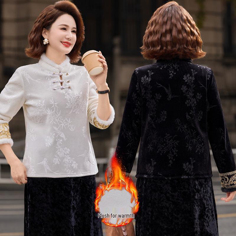 Women's Embroidered Jacquard T-shirt with Frog Button, Plus Velvet, Long Sleeve - New Chinese Style, Autumn/Winter.
