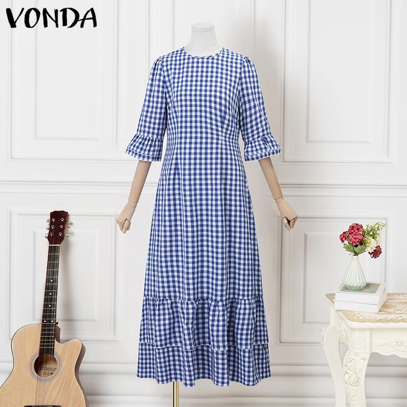 

VONDA Элегантное женское плиссированное платье в полоску с круглым вырезом и половиной рукавов