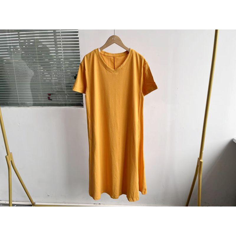 

Floor 11a-2 Summer Solid Short sleeve Jumpsuit Long dress Women Loose Slimming Simple and Versatile Temperament Covering Meat D25-3 Orange L