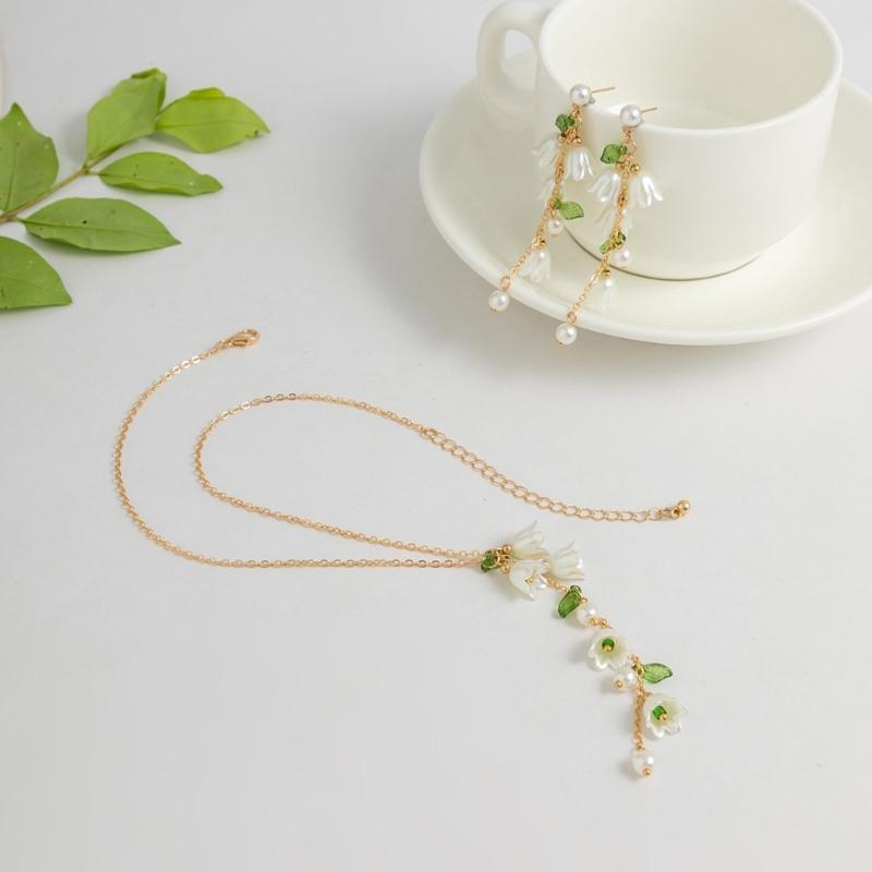 Unique Flower Fringe Necklace Elegant Bell Orchids Preal Leaf Charm Choker Dangle Earring Jewelry Gift Party Ornament