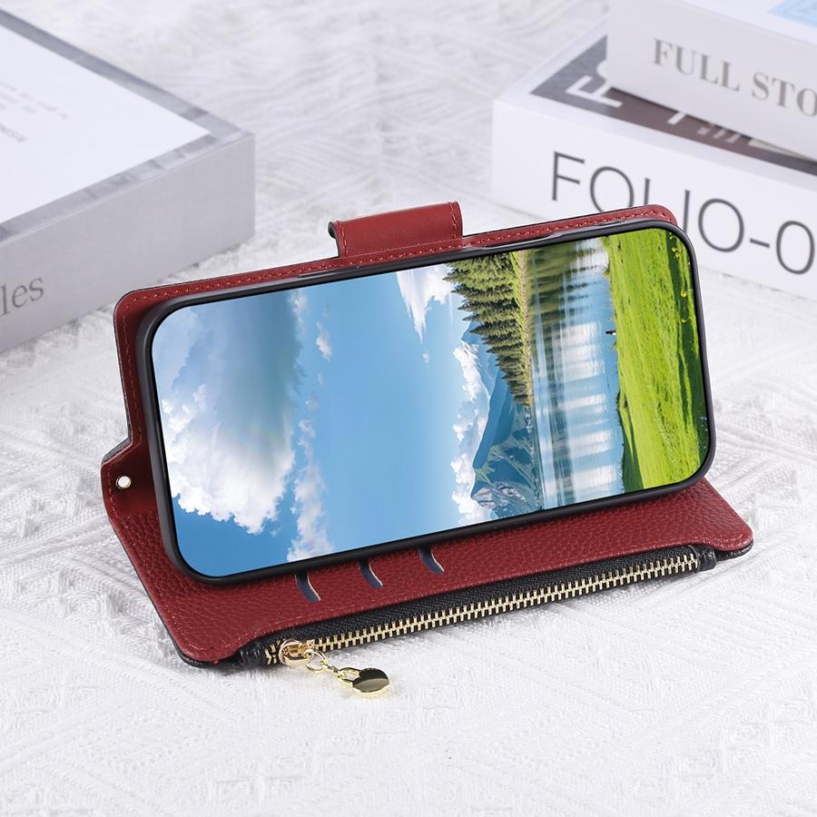 Pentru iPhone Textură Litchi Piele PU Portofel Husă Telefon cu 3 Sloturi pentru Carduri+Buzunar Lateral cu Fermoar+Slot pentru Bani Gheață Șnur Detașabil Huse Telefon Multifuncționale