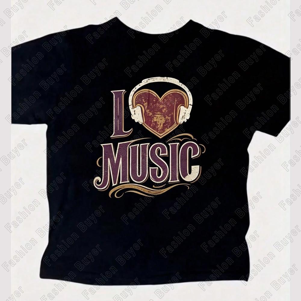 Oversized Graphic Tees Teen Tees I Love Music and Headphone Heart Print Short TShirt Boy Girl Regular Round Neck Tops Clothing