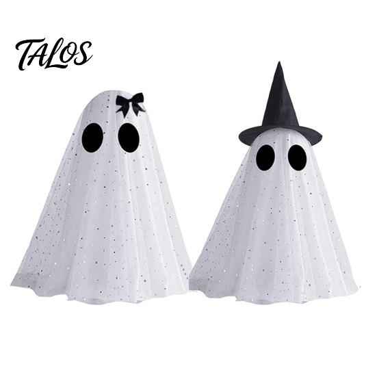 Cute Ghost for Fireplace Mantle Halloween Decor, Spooky Sequin Mesh Fabric with Witch Hat/Bow, Versatile Holiday Window Display Small Standing