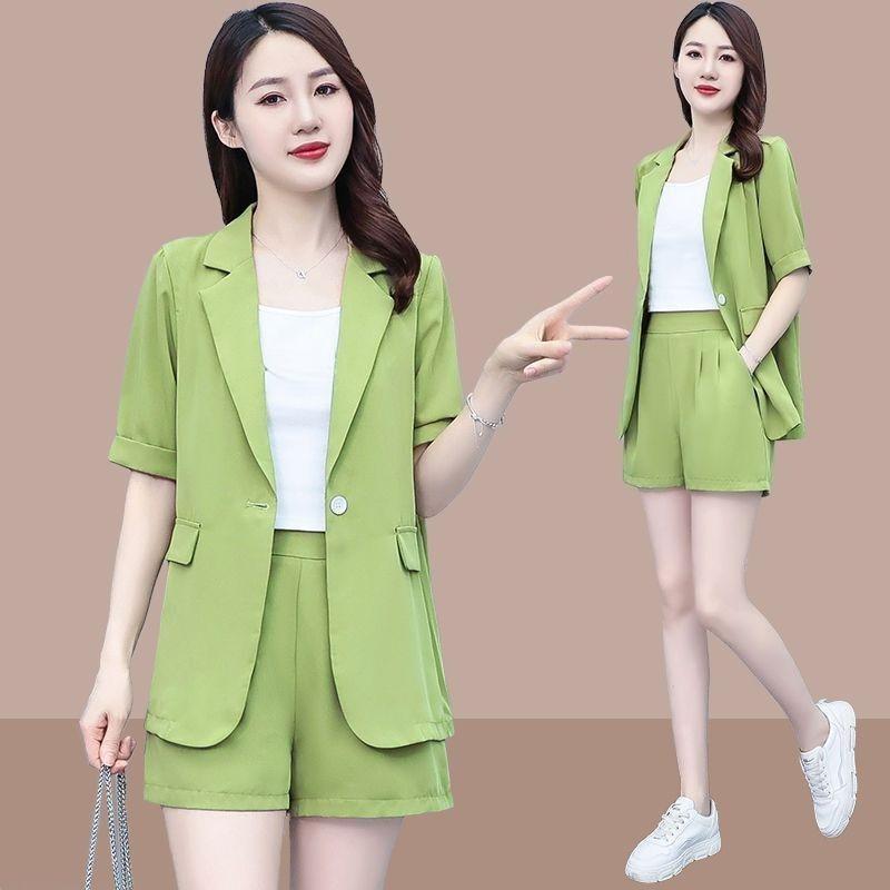 Summer Casual Short Sleeved Blazrs Jacket Matching Set Women's Fashion Professional Suit Coat Shorts Two-piece