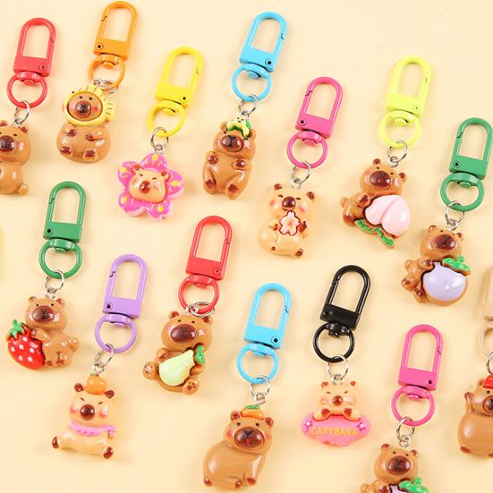 24/50Pcs Capybara Keychains Set Cartoon Resin Doll Charm Keychains Metal Key Ring