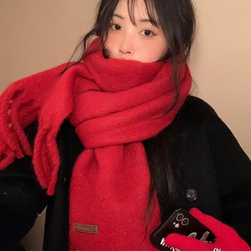 Wool New Year'S Red Knitted Scarf Women'S Winter Korean Atmosphere Warm Student Christmas Scarf