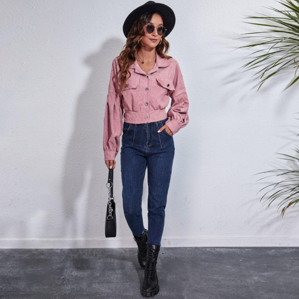 GMXIA Dámské Vintage ležérní jednobarevný potisk Podzim Zima Dlouhý rukáv POLO bundy a kabáty