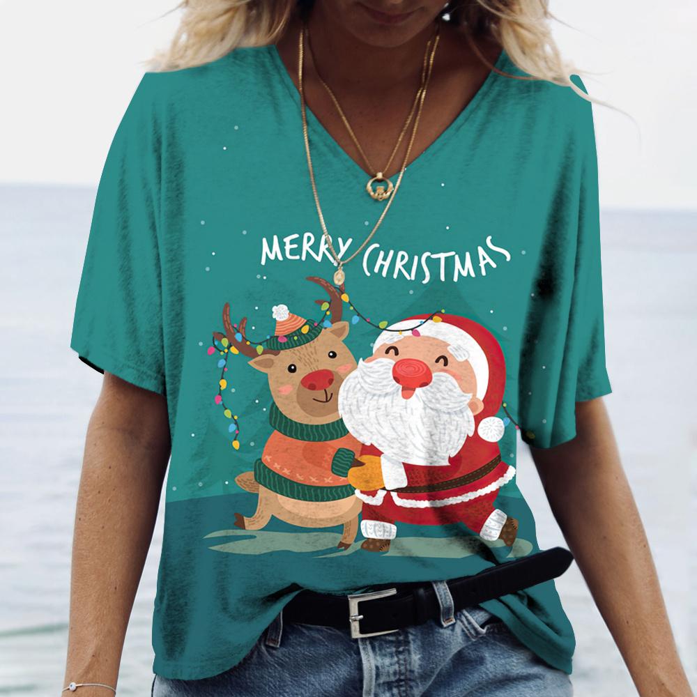 Plus Size 6XL Merry Christmas Women's Short sleeved V-neck T-shirt Christmas Tree Santa Claus Letter Print Simple Trendy Trend Women Clothing