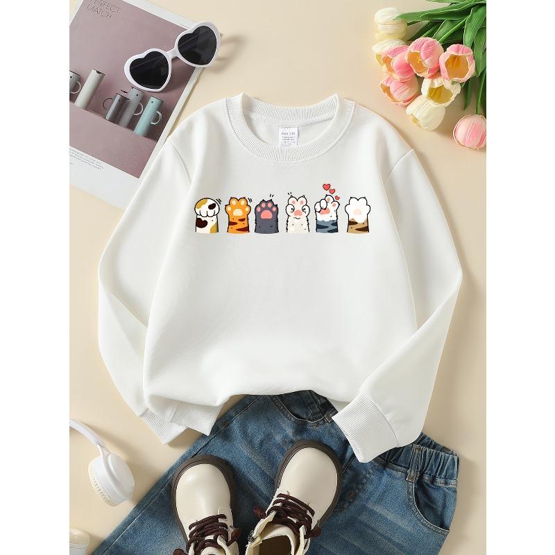 European Sizes Girls' Soft Crewneck Sweatshirt with Cute Cat Paws Pattern, Casual All-Match, Ideal Holiday Present