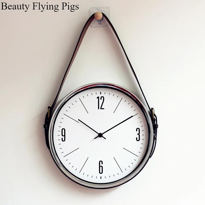 

1pc Nordic Leather Belt Exquisite European Style Wall Clock Muted Living Room Bedroom Household Watches Clock Wall Pendant