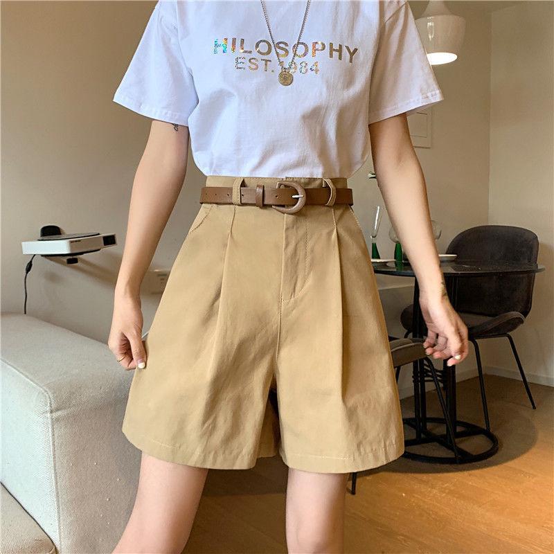 Khaki oblekové šortky Ženy Letní móda Knoflík Baggy Široké nohavice Polokalhoty Korejský styl Ležérní Dámské oblečení Velké velikosti