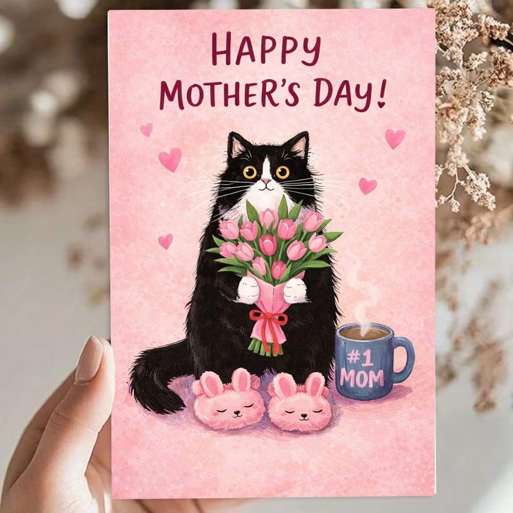 Cats Holding Pink Tulips Mother's Day Greeting Card Blessing Message Whimsical Card  Wedding Decor