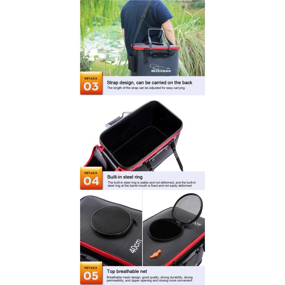 New 30-50cm Fishing Bucket EVA Foldable Carrying Handle Collapsible Live Fish Box with Side Pocket and Zipper for Travel Camping