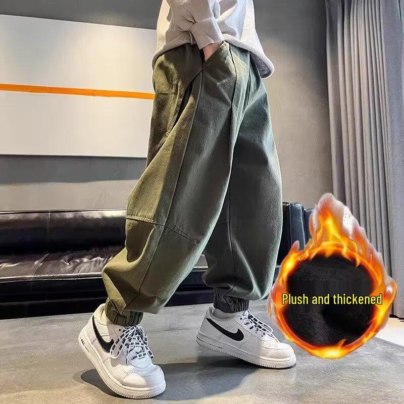 

2025 New Boys Fleece-Lined Sweatpants: Thickened Casual Sports Pants for Spring, Autumn, and Winter 170