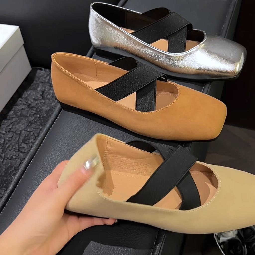 2025 Spring Square Head Light Mouth Soft Sole Single Shoes Women's French Flat Silver Ballet Shoes with Skirts Women's Shoes