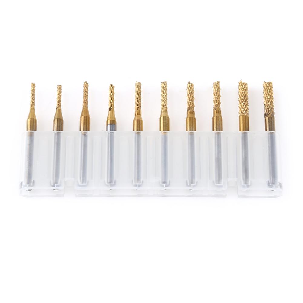 10pcs Titanium Coat Tungsten Carbide 1.5mm 3.175mm End Mill Engraving Bits CNC Rotary Burrs Set