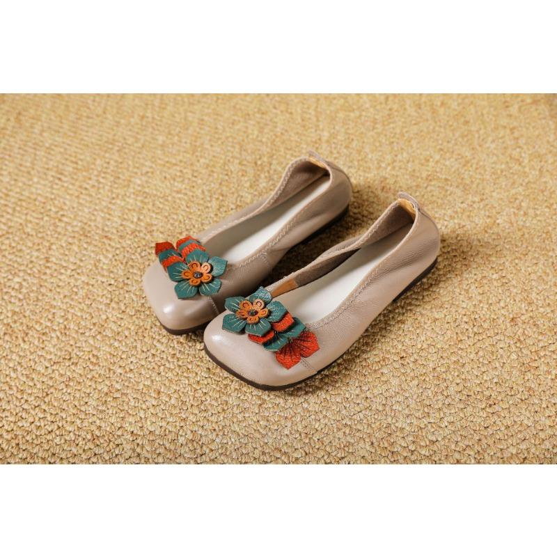 Spring, Summer and Autumn Casual Leather Women's Single Shoes, Flower Light Mouth Round Head Sole Heel Solid Color First Layer Cowhide