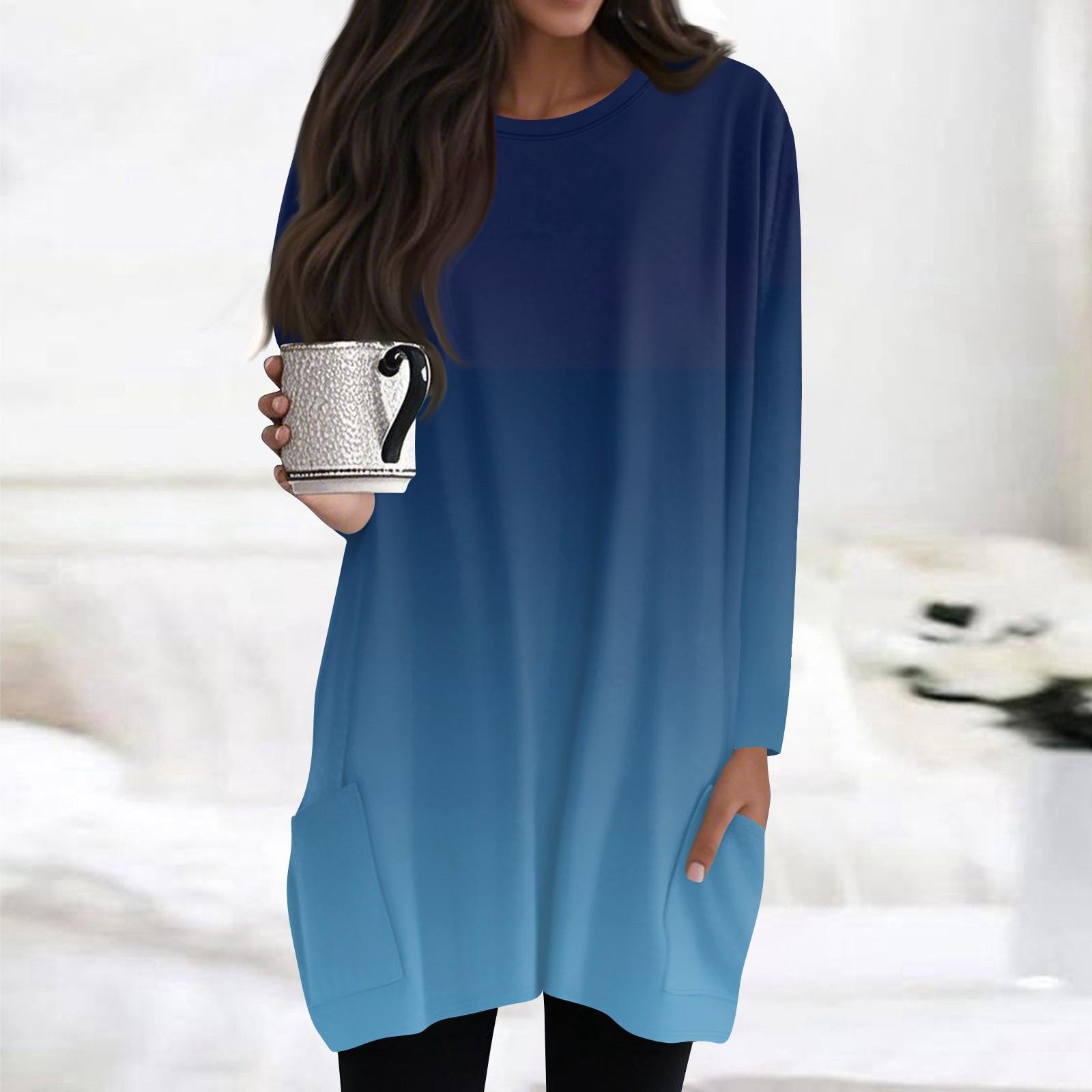 

Женские топы с круглым вырезом, блузки с длинным рукавом, повседневные рубашки средней длины, модные туники с принтом и карманами XXL