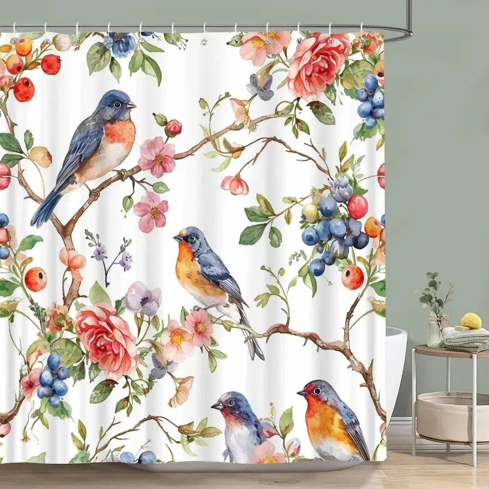 Hummingbird Floral Shower Curtain Birds Watercolour on Flower Branches Printed Polyester Bath Curtains Bathroom Decor with Hooks