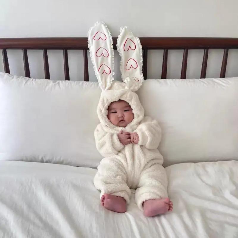Winter Baby Long Sleeve Warm Romper Velvet Thick Infant Girl Rabbit Ears Hooded Jumpsuit Toddler Clothes 50cm