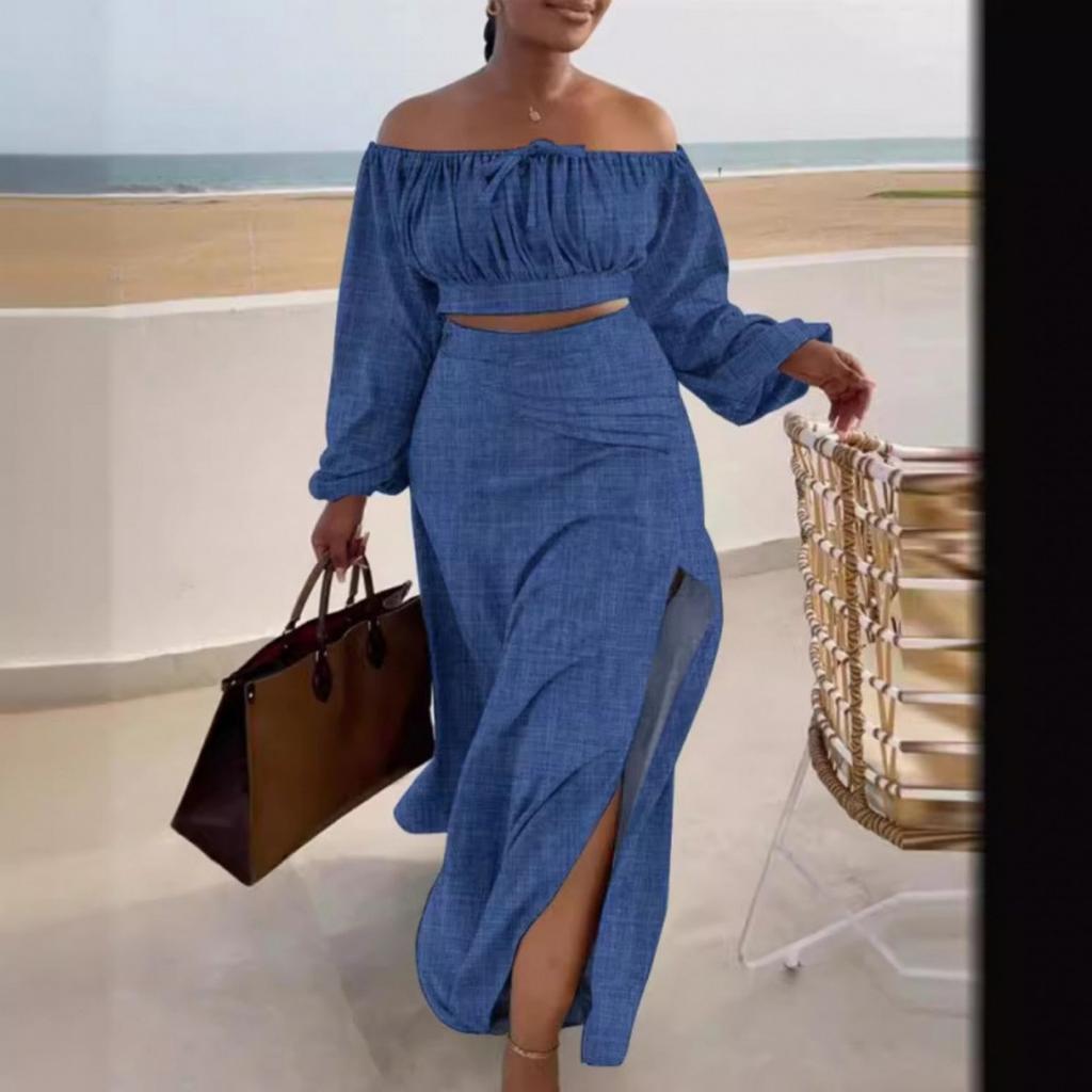 New Women's 2 Piece Set Off-the-Shoulder Top Slit Midi Dress Casual Outfit, Hot Fashion Suit For Women