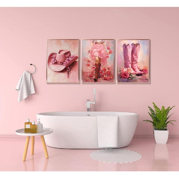 3pcs Pink Cowgirl Canvas Wall Art Funky Cowgirl Boots Posters Prints Paintings Western Flower Boots Hat Aesthetic Pictures Wall Decor for Preppy Room