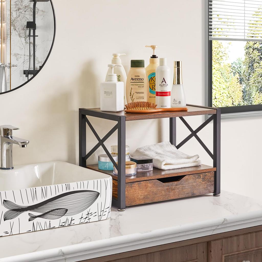 IBUYKE Wooden Printer Desk Storage Rack with Drawer Desktop 44cm X 29cm X 33cm Easy JPTLJ006H 2-Tier Stand, (Bottom Tier), & Under-Desk Storage, (W)