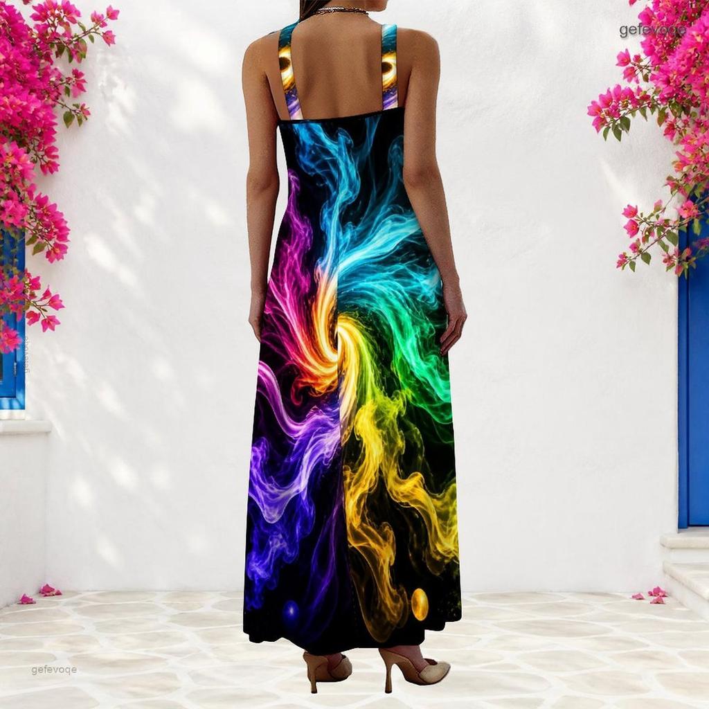 Women Plus Size Scoop Neck Strappy Sleeveless Colorful Printed A Line Maxi Dress