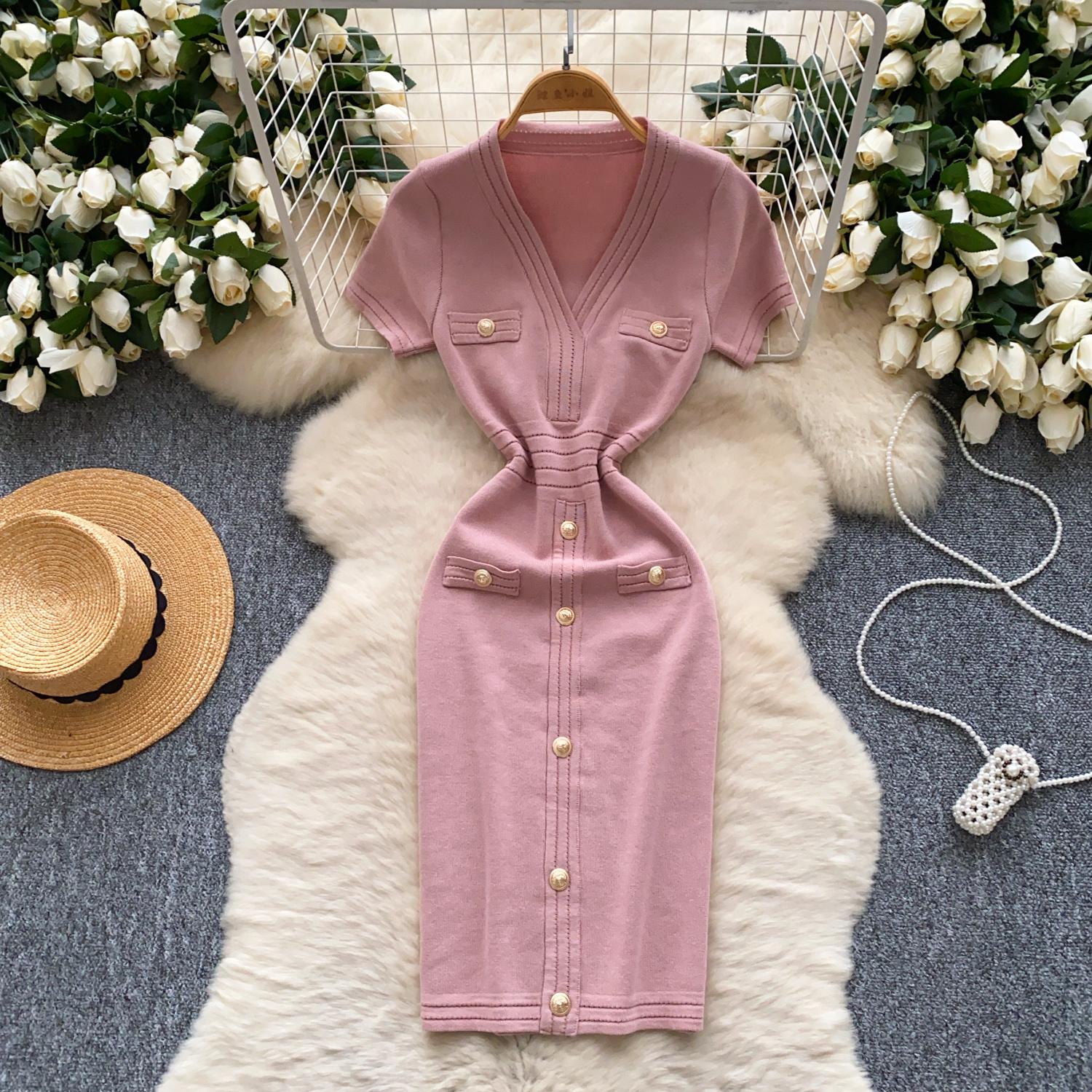 

Шикарное трикотажное однобортное платье-футляр с V-образным вырезом, винтажное платье, элегантные пляжные платья с высокой талией в корейском стиле One Size розовый