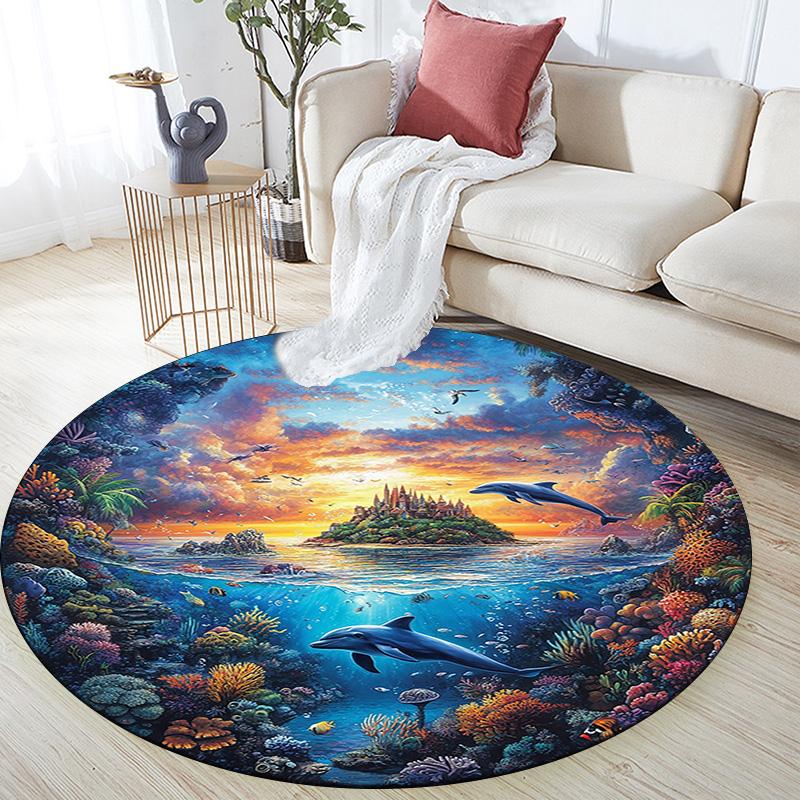 Dolphins Coral Round Area Rug,Carpet Rug for Living Room Bedroom Sofa Playroom Decor,Non-slip Floor Mat