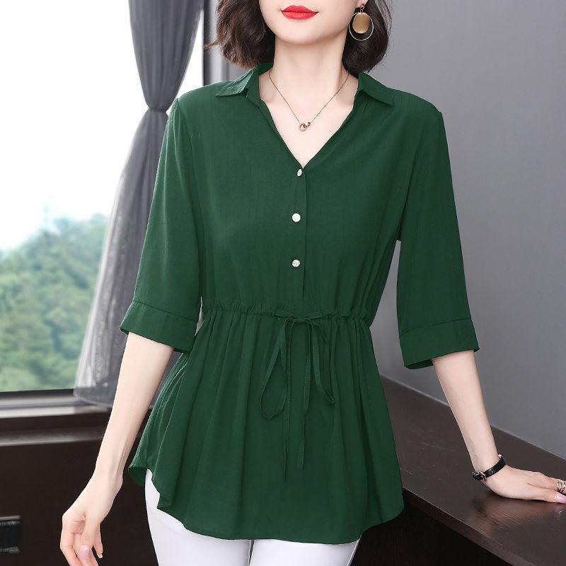 Chiffon Short-sleeved Shirt Women's Medium-sleeved Summer Medium and Long Belly-covering Waist Top Shirt