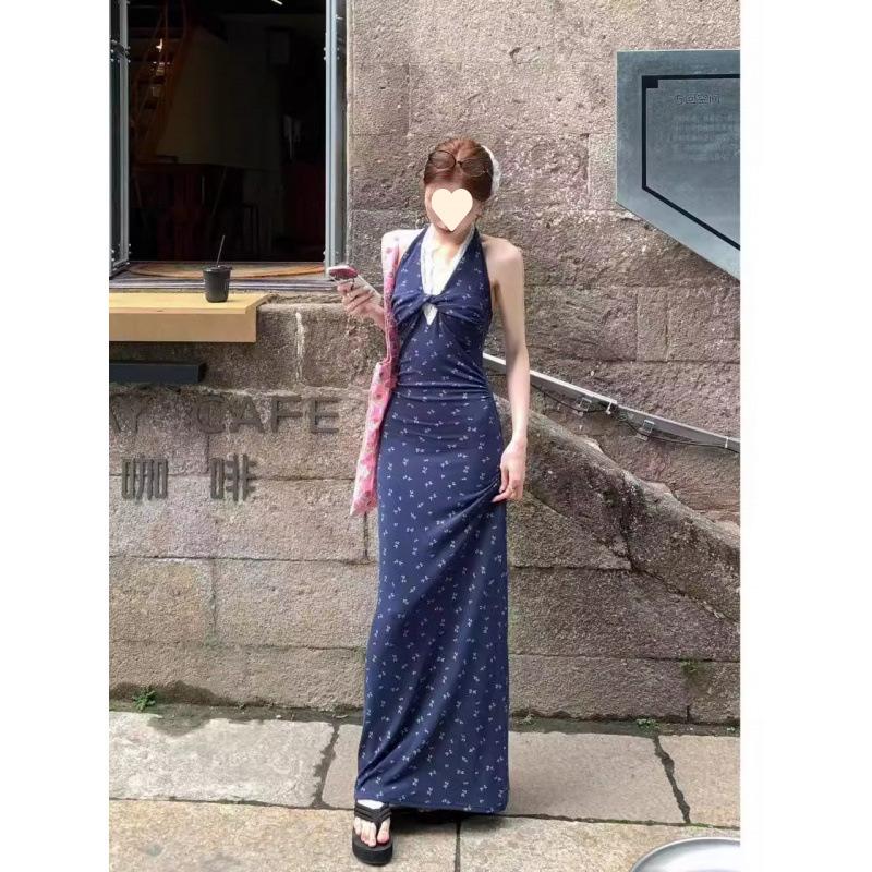Kink lace neck sling floral dress women's summer new seaside vacation beach dress