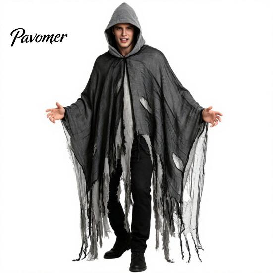 Vampiric Character Outfit Halloween Hooded Cloak, Medieval Gothic Wizard Vampires Cape with Black Mysterious Costume Accessory Mesh, Full Length